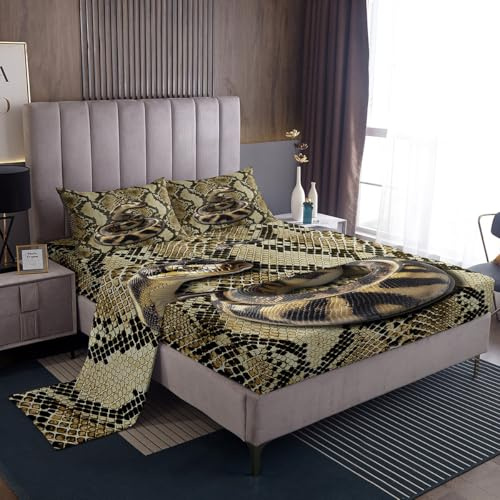 Erosebridal 3D Snake Bed Sheets Set King,Reptile Animal Sheet Set,Wild Snake Skin Print Sheets,Olive Grey Scales Flat Fitted Sheet,African Desert Wildlife Top Sheet