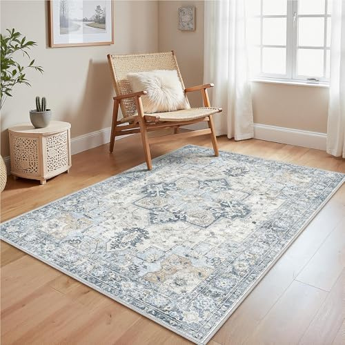 GENIMO Rug 120x170cm Wash Blue Washable Non-Slip Vintage Boho Carpet Area | Decorative Area Mat in Soft Washed Blue with Bohemian Motif Anti-skid, Machine Cleanable, Ideal for Adding Warmth to Your