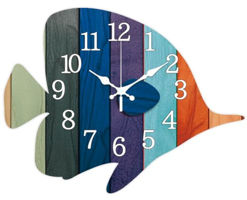 CHGCRAFT Orologio da Parete Pesce a Strisce Colorate Non Ticchettante Orologio da parete decorativo di forma irregolare Stampato per la decorazione dell'ufficio domestico, 31,5×41cm