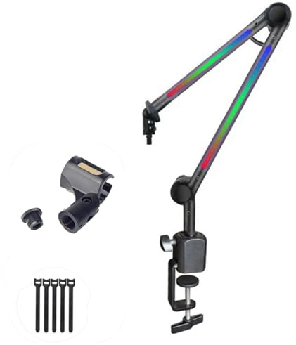 Bras de microphone à LED pour jeux en continu et podcasts avec perche réglable et éclairage LED rotatif à 180