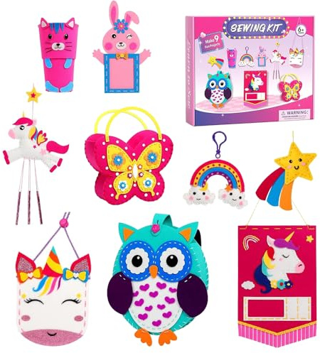 YANGUN Kids Sewing Kit, Sewing Kit for Kids, 9 Pcs DIY Crafting Animal Felt Plushie, Craft Kit Arts DIY Animal Unicorn Owl Butterfly, cat, Rabbit, etc. Fun Educational for Beginner Girls Ages 5-12