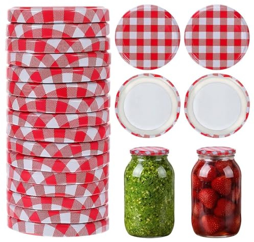 ULTECHNOVO 40 piezas de tapa de rosca TO 63 mm, rojo y blanco a cuadros, tapa Twist Off de repuesto para tarros de mermelada y encurtidos, tapa de metal para botes de pesto y miel
