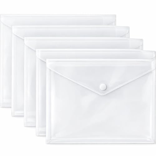 1ABOVE A4 Clear Popper Wallets – Pack of 5 Plastic Document Folders with Snap Closure, Transparent Filing Wallets for Office, School & Home Organization