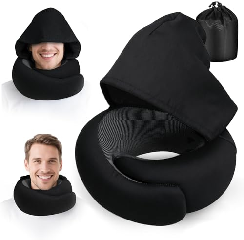 HNCY Oreiller De Voyage Mousse À Mémoire, Coussin de Voyage avec Capuche, Ergonomique Oreiller de Voyage avec Masque, Bouchons d'oreilles et Sac Inclus, Idéal pour Voyager en Avion, Train et Voiture