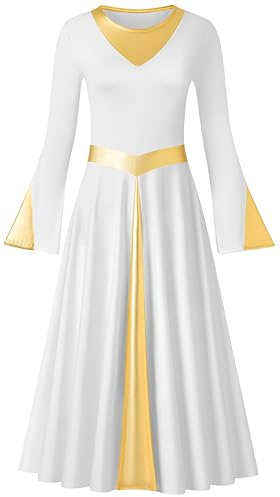 MOLLDAN Women Praise Dance Dress with Lining Metallic Fit Full Length Liturgical Long Sleeve Worship Dress（258188-07-S