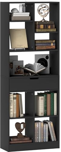 HOMCOM Tall Bookshelf with Drawer, Freestanding Bookcase with Open Shelves, Shelving Unit, Display Rack for Bedroom, Living Room, Home Office, Black