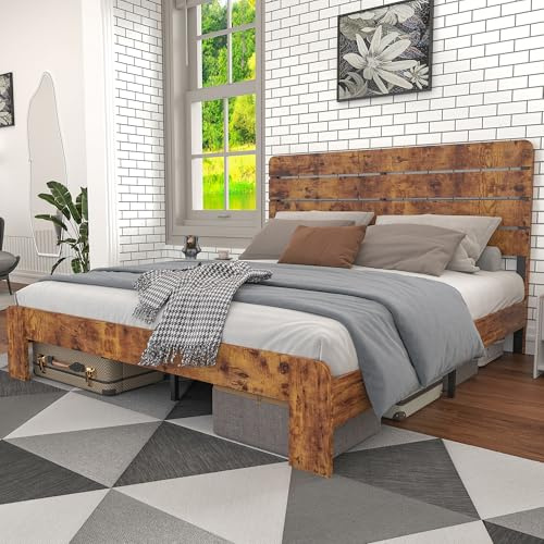 Worletty Holzbett,doppelbett,Massivholzbett,antikes Holzbettgestell mit Eisenlattenrost und hohem Kopfteil, für Erwachsene, Kinder und Jugendliche, mit Eisenrohrrahme (160 x 200 cm)