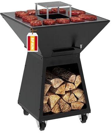 Barbecue a Legna Quadrato Professionale con Braciere con mattoni refrattari, Plancha 72x72 cm, h 97cm 4 Ruote e Ampio Portalegna - MADE IN SPAIN
