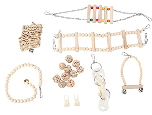 Giocattolo per Uccelli in Legno Naturale, Set da Appendere con Amaca e Altalena, Accessori Multipli - Giochi per Parrocchetti e Calopsitte - Materiali Non Tossici, Attività e