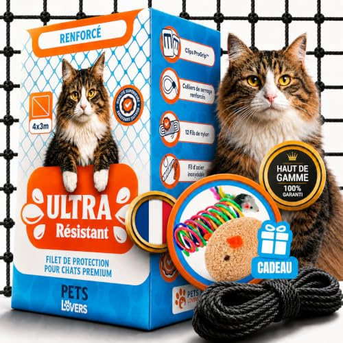Petslovers Filet Chat Balcon Renforcé en Acier Inoxydable 4x3m Noir Anti UV | Kit de Montage Sans Perçage, Comprend 2 Jouets, Filet Balcon Chat, Filet de Protection Chat, Filet Fenetre Chat, Filets
