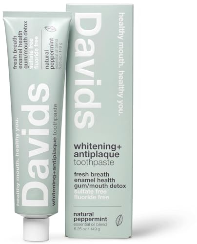 Davids Natural Whitening Toothpaste, Antiplaque, Fluoride Free, SLS Free, Peppermint, 5.25 OZ Metal Tube, Tube Roller Included