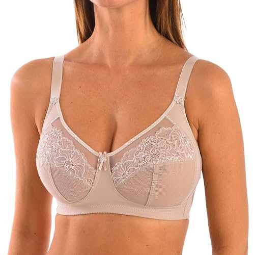Selene, Reggiseno Contenitivo Donna con Fascia Alta, Senza Ferretto e Imbottitura, Coppe in Pizzo e Tulle, Collezione Valeria, Colore Terra, Taglia 4C
