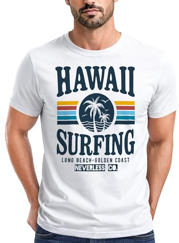 Neverless® Herren T-Shirt Hawaii Surfing Sommer Strand Palme Print Fashion Streetstyle Weiss L