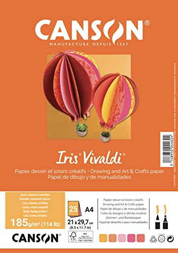 Canson Iris Vivaldi, Papel de dibujo de color, Suave, 185gsm, A4-21x29,7cm, 5 colores surtidos, 25 Hojas