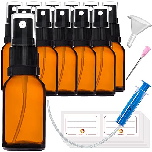 HandsUnity 15 ml-12 pezzi di flacone spray in vetro - set di flaconi in vetro ambra farmacia con vaporizzatore nero flacone spray in vetro marrone compreso 29 accessori