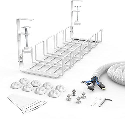 KOXXUD Under Desk Cable Management Tray Kit, No Drill Table Cable Basket for Storing Extension Cords, No Screws Tidy Wire Organiser Clamp for Home, Office, Internet Cafe, Kitchen (White, 1PCS)