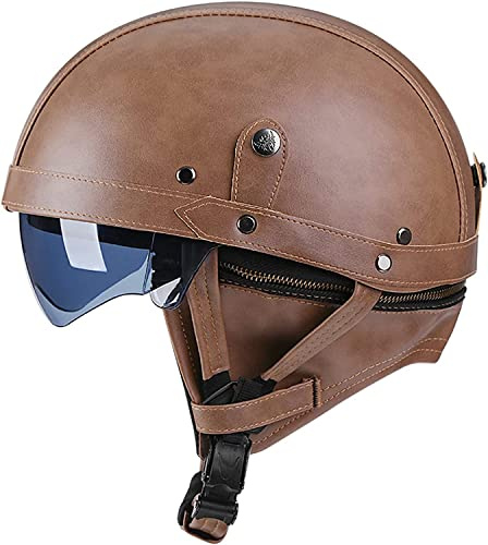 Motorcykel vintage tyskt läder halvansiktshjälm med skyddsglasögon dolda,DOT godkänd Vuxna män Kvinnor Retro Öppen ansiktshjälm, för Cykel Cruiser Scooter Skull Cap (B M=55~56CM)