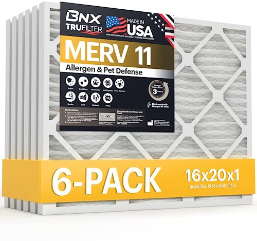 BNX TruFilter 16x20x1 Air Filter MERV 11 (6-Pack) - MADE IN USA - Allergen Defense Electrostatic Pleated Air Conditioner HVAC AC Furnace Filters for Allergies, Dust, Pet, Smoke, Allergy MPR 1200 FPR 7