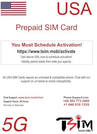 PrePaid USA SIM-Karte Unbegrenzte eingehende und ausgehende Anrufe/SMS | Ultra High Speed 5G Datenzulage Hotspot/Tethering/Internetfreigabe erlaubt.(6GB x 1 Monat)