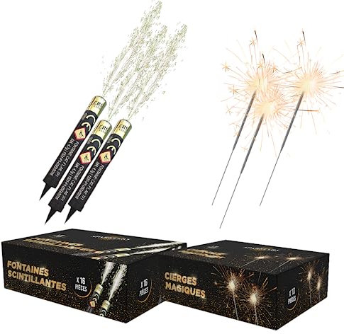 Lot de 16 Fontaines à Gateaux 1 Minute + 10 Cierge Magique 40 Secondes, idéal pour Décoration de Gateaux, Bougie étincelante Scintillante anniversaire - Catégorie F1 - SPARKLERS CLUB®