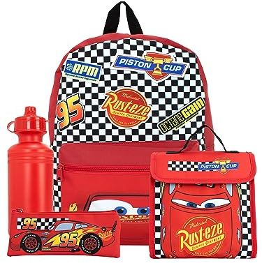 Disney Cars Rucksack-Set 4-Teilig | Lightning McQueen Tasche, Federmäppchen, Wasserflasche Und Lunchtasche | Kinderrucksäcke Für Schule Und Abenteuer | Offizielles Auto-Merchandise