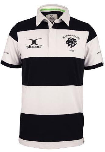 Gilbert- Polo Barbarians Rugby, Manga Corta, Negro y Blanco, Talla XL