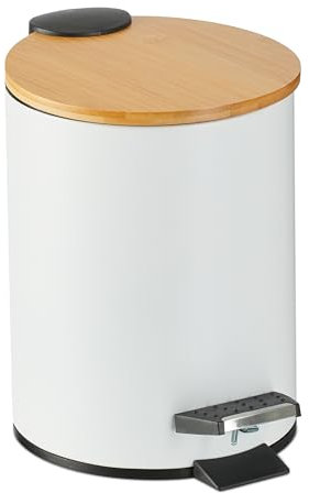 Relaxdays Poubelle de Salle de Bain, 3 l, Couvercle en Bambou, Seau intérieur Amovible, mécanisme de Fermeture, Blanche