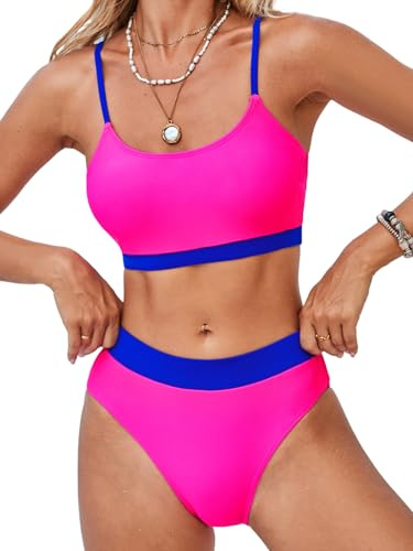 CUPSHE Bikiniset för kvinnor två delar baddräkter hög midja rund hals spagetti justerbara remmar texturerade, Blå/magenta, M