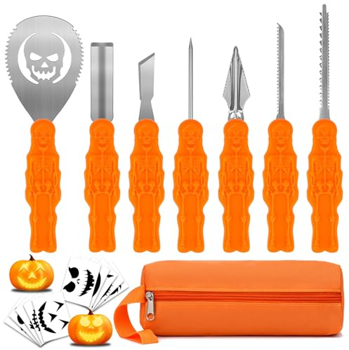 COOLUCK Pumpasnideriset med mallar, halloween pumpa snidningsverktyg snideriset, pumpa snidkniv för barn och vuxna
