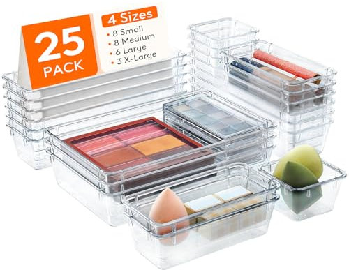 Lifewit 25pcs Drawer Organiser Set, Plastic Makeup Drawer Organiser, Clear Desk Drawer Dividers Tray for Cosmetic, Stationery and Gadgets, Draw Organizer for Dressing Table, Bathroom, Office, Bedroom
