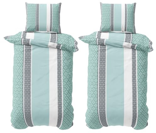 Visaggio Biber Bettwäsche 135x200 cm 4teilig Winter flauschig Feinbiber Bettbezug Schlafzimmer Set gestreift Petrol Weiss