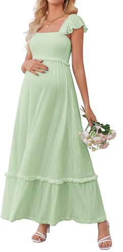 OUGES Women's Ruffle Summer Baby Shower Maternity Dress(Light Green,M)