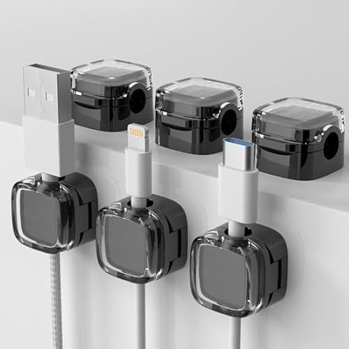 HOUSESDOKS – Organizador de escritorio.Cables Magnético (Set de 6 Unidades) Clips Transparentes Autoadhesivos para Escritorio y Pared | Soporte para Gestión de Cables de Carga, USB y Oficina - Negro