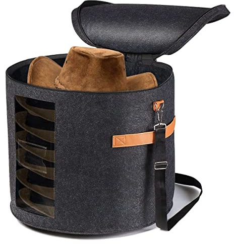 JANZU - Caja de almacenamiento para sombrero redondo, caja de sombrero plegable con tapa para ropa acolchada y juguete animal, caja organizador de transporte, color gris oscuro