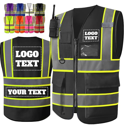 Busparst Gilet di Sicurezza con Logo Personalizzato per Uomo e Donna - Gilet da Lavoro Riflettente ad Alta visibilità Classe 2 con 4 Tasche
