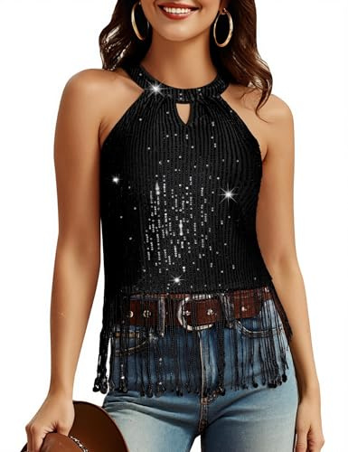Aupuls Fringe Country Concert Outfits per le donne Halter paillettes top scintillante western top, nero, M