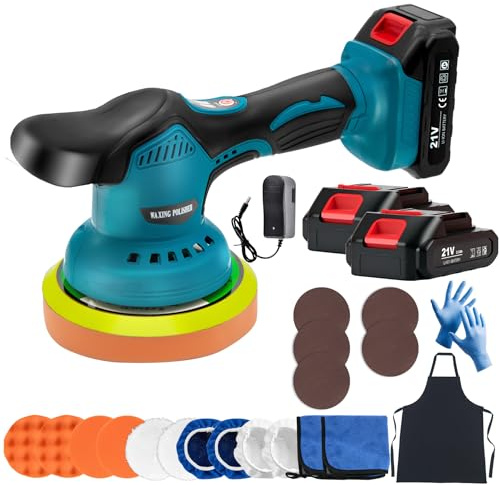 Cordless Buffer Polisher with 2x21V Rechargeable Batteries, 6IN Car Buffer Polisher with 8 Variable Speed 2800-6000RPM & 21PCS Attachments, Cordless Polisher for Car Detailing/Sanding/Scratch Removing