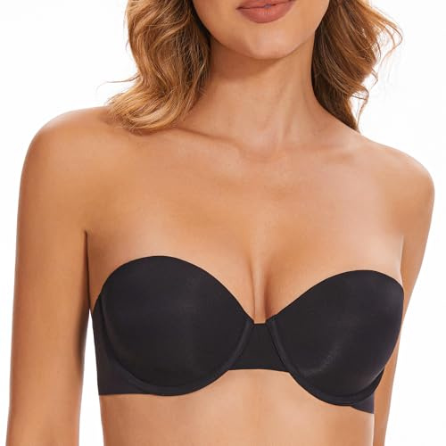 Mitivoway Soutien Gorge sans Bretelles pour Femmes-sans Coutures Antidérapant Invisible Plongeant Dos Bas-Multi-Positions Bandeau Soutien-Gorge (Black, 95D)