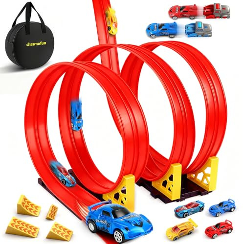 Charmofun Circuit Voiture Enfant 5M, 1:64 Piste de Voiture avec 4 Voitures,Sac Rangement, Circuit de Voiture avec Rampe et Lanceur, Piste de Course Portable Double Voies pour Enfants de 3+ Ans (Rouge)