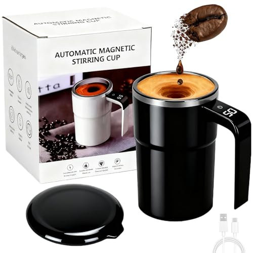 SpinBrew Mug, Self-Stirring Magnetic Coffee Cup with Temp Display, Rechargeable, for Coffee, Milk and Other Beverages. (Black)