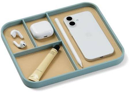 Nordik Leather Valet Tray - Medium EDC Tray - Seafoam Mist 24 x 20 cm | Premium Vegan Leather with Two-Toned Design, With Four Compartments, Nightstand & Catchall Tray for Keys Watch and Jewellery