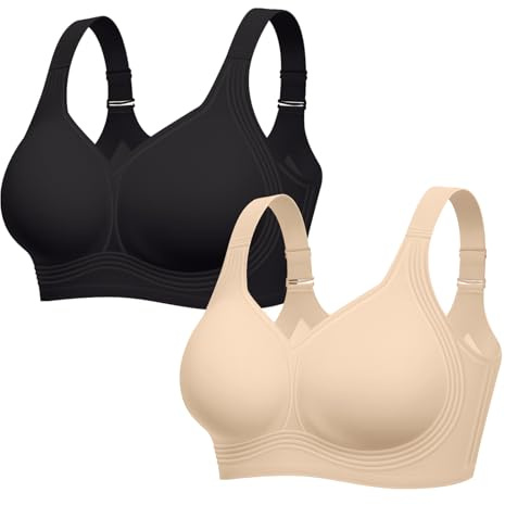 LetsJoli Bras for Women Supportive Wireless Push Up Bra Full Coverage No Underwire Seamless Plus Size for Older Women(Black+Nude,2PCS,L)