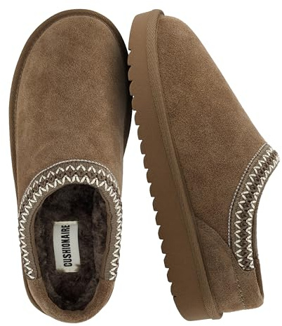 CUSHIONAIRE Keto Womens Slippers- Genuine Suede Cozy & Stylish, Memory Foam & Faux Shearling Winter Slippers for Women BROWN 8.5