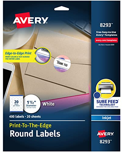 Avery Matte White Round Labels, Sure Feed Technology, Permanent Adhesive, 1-1/2, 400 Labels (8293)