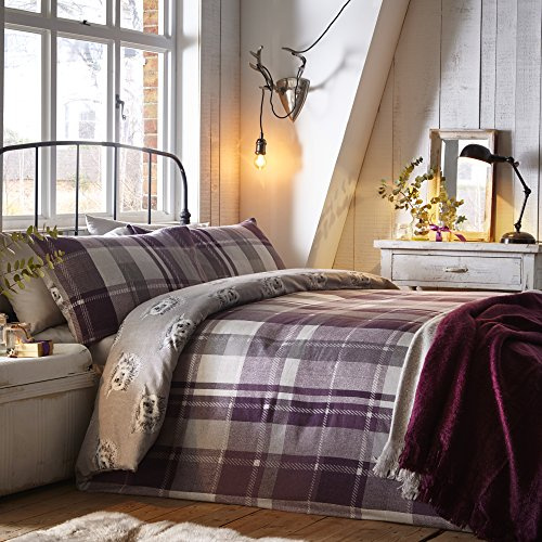 Dreams & Drapes Colville check-100% borstat påslakanset, 100% bomull, plommon, super-king-säng