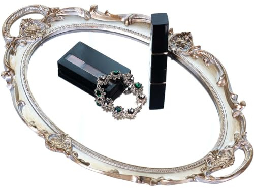 Zosenley Polyresin Ellipse Antik Dekorative Spiegeltablett, Make-up-Organizer, Schmuck-Organizer, Serviertablett, 24,9 x 37,1 cm, Goldsilber