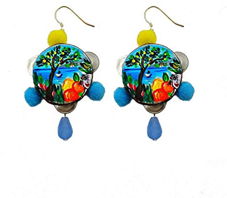 Boucles d’oreilles peintes à la main – TAMBOURINS CŒUR DE SICILE - boucles d’oreilles pendantes pour femme, bijoux avec crochet en argent, Made in Italy, bijoux décorés pour femme, artisanale