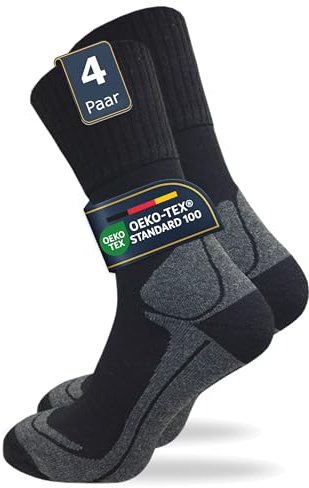 GAWILO Damen & Herren warme Wandersocken (4 Paar) Outdoorsocken mit Fersenpolster | Thermosocken mit 10% Merinowolle | gepolsterte Thermosocken (35-38, schwarz+)