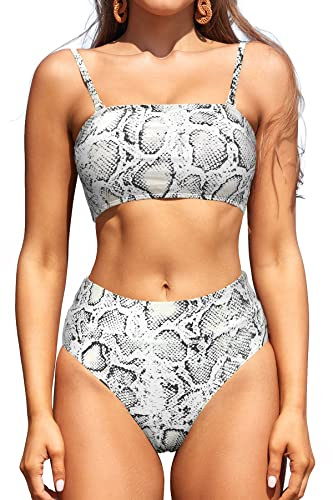 SHEKINI Costume da Bagno Donna Due Pezzi Bandeau Top Bikini Tracolla Regolabile Vita Alta Stampati Bikini Fondo Costumi Due Pezzi Donna da Spiaggia (M, Pelle di Serpente)