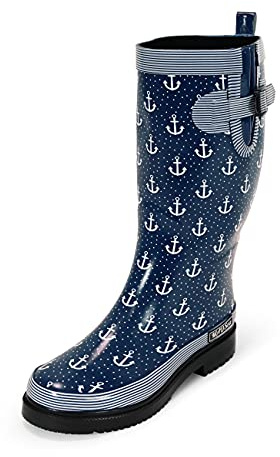 MADSea Bottes en caoutchouc Ocean Anchor pour femme - Tige haute, Bleu foncé avec ancres blanches, 37 EU